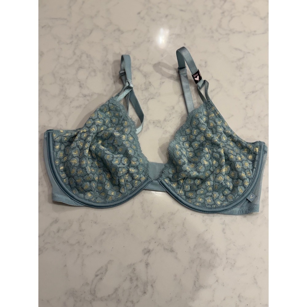 Victoria's Secret 36D Blue Gold Foil Leopard Mesh Unlined Balconette Bra NWT